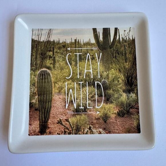 Primitives by Kathy Small Trinket Tray Stay Wild Cactus White Square Boho Gift - Picture 1 of 10